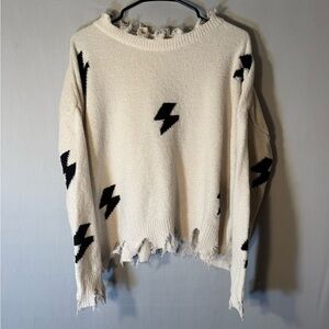 Rock N Rags White Black Lightning Bolt Knit Pullover Sweater Distressed M